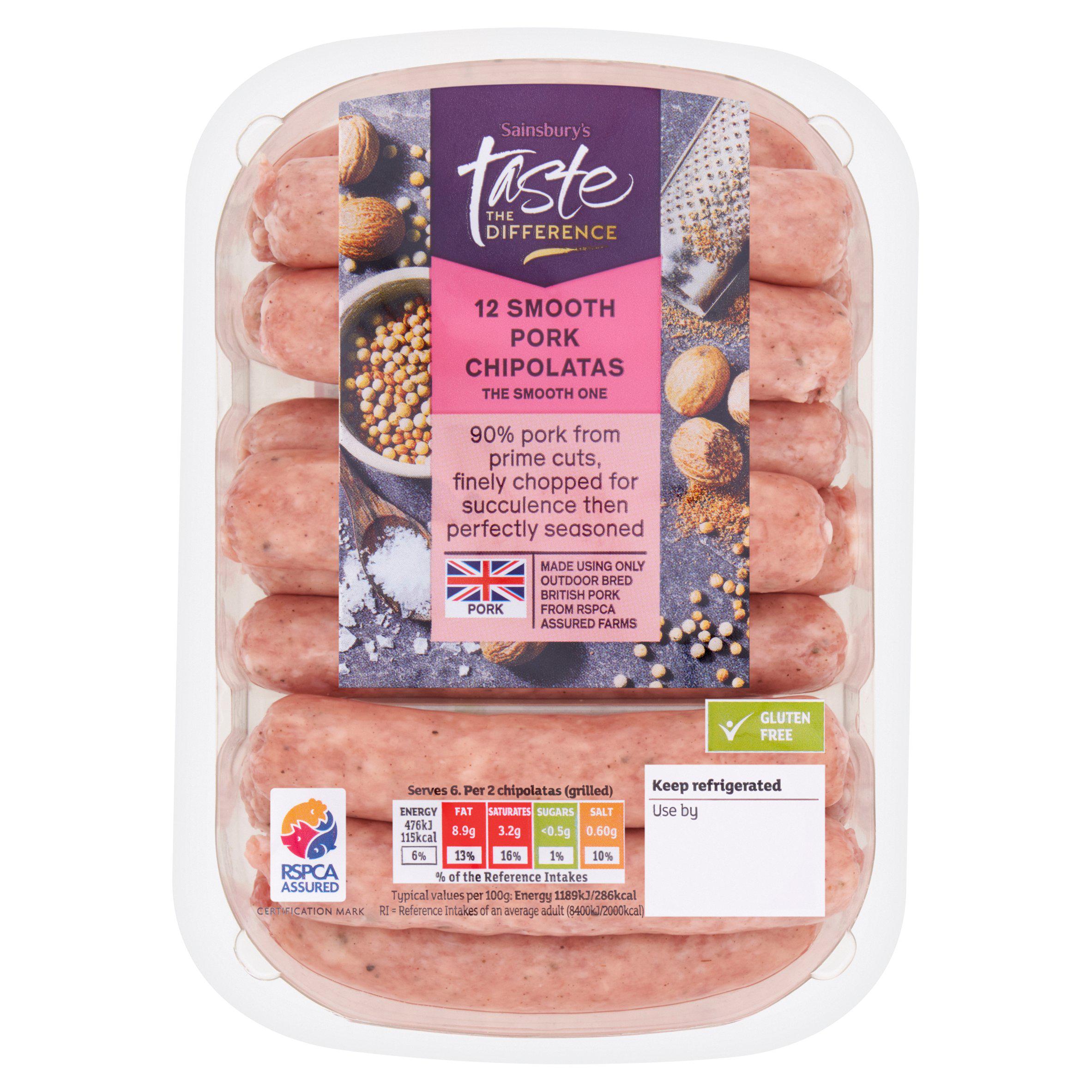 Sainsbury's Smooth British Pork Chipolata sausages, Taste the Difference x12 375g