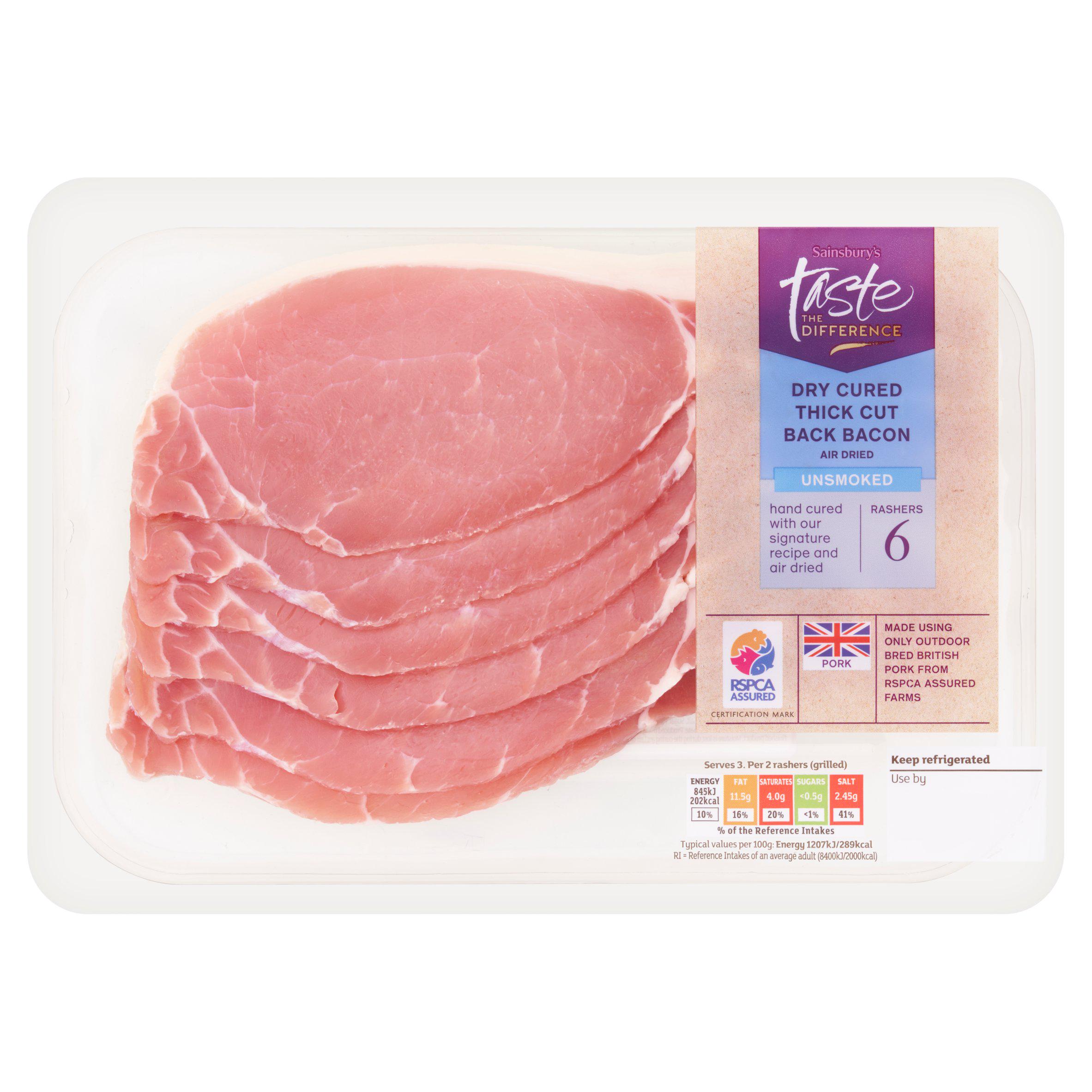 Sainsbury's Unsmoked Air Dried Thick Cut Back Bacon Rashers, Taste the Difference x6 300g